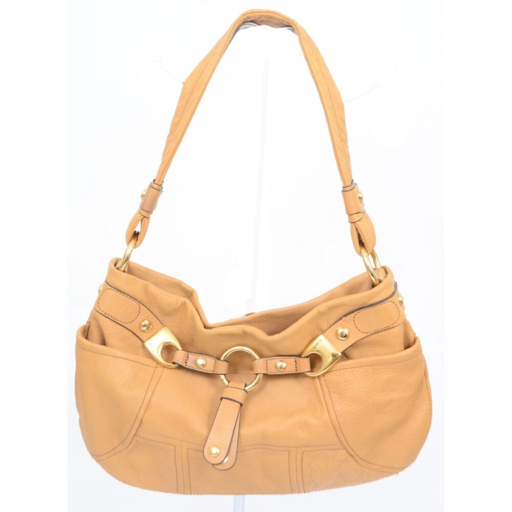 B Makowsky Hobo Tan Leather Handbag Shoulder Bag Slouchy Purse Gold Hardware